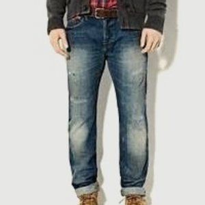 American Eagle Med Repair Blue Distress Slim Straight Jeans - 28x34